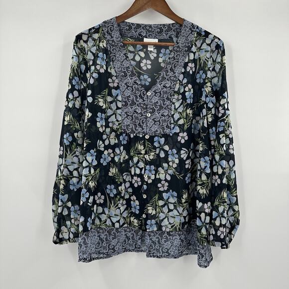 J. Jill Tops - J Jill Blouse Womens Large Blue Floral Chiffon Breathable Sheer Cottage Navy Top